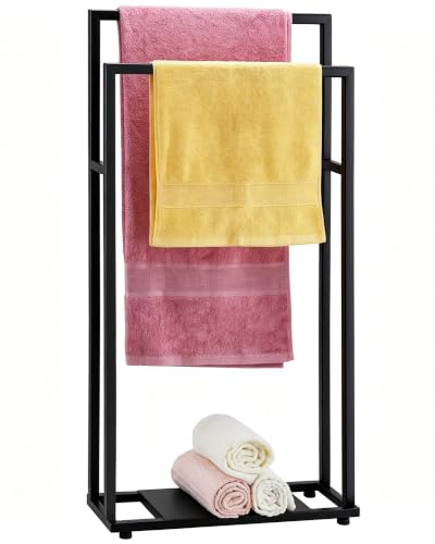 39'' Tall Towel Racks for Bathroom, 2 Tier Towel Rack Stand with Storage Shelves, Free Standing Drying Rack for Outdoor, Black, ALHAKIN