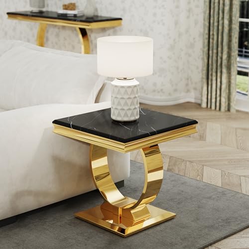 Asday Gold End Table, Modern Black Living Room Side Table with Gold Metal U-Base, Square End Table for Sofa Couch, Living Room, Bedroom, Office - color: Black, size: Set of 1