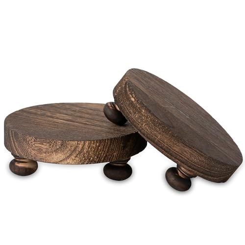 Romadedi Farmhouse Wood Riser for Display- 2 pcs Rustic Decor Mini Wooden Pedestal Decorative Round Tray for Home Table Bathroom Counter Shelf Kitchen, Brown - color: Brown, size: 2 PCS