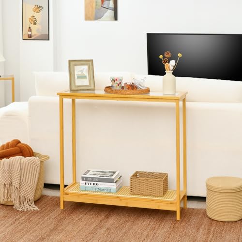 Bamboo Narrow Console Table, 31.5"(L) Wood Small Entryway Table with Rattan and Glass, Accent Slim Hallway Tables, Thin Sofa Side Tables for Hallway, Living Room, Foyer, Burlywood - color: Burlywood 31.5"(l)