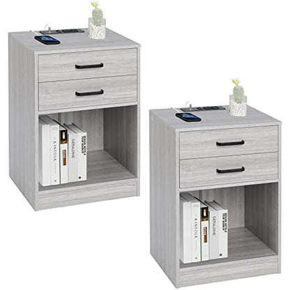 ADORNEVE Grey Nightstands Set of 2,Bedside Table with Drawers | Bedside Table Set of 2,Nightstand with Charging Station,Night Stands for Bedrooms Set of 2 - color: Grey