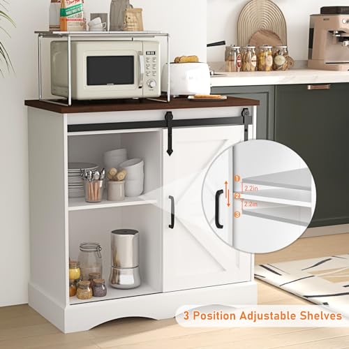 HOMFAMILIA 31.5" H Farmhouse Coffee Bar Cabinet w/Storage, White Kitchen Coffee Station with Sliding Barn Door, Rustic Buffet Cabinet with Adjustable Shelves, for Kitchen, Living Room, White - color: White