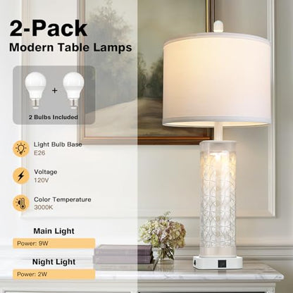 28" White Print Glass Table Lamp Set of 2 with Night Light, Modern Bedside Lamps with USB C+A Charging Ports, Nightstand Lamps for Living Room, Glass Lamps for Bedroom End Table, 2 Bulbs Included - color: White Print(2 Pack)