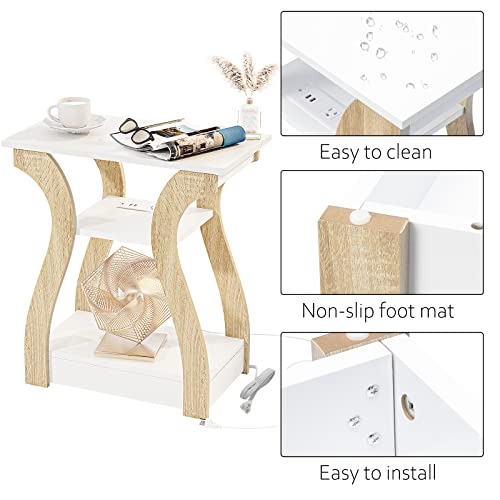 FROMJBEST End Tables Living Room, End Table with Charging Station,White&Oak | Side Table Living Room, with USB Ports and Outlets, Nightstand for Bedroom, 3-Tier Storage Shelf, Bedside Table - color: White+oak