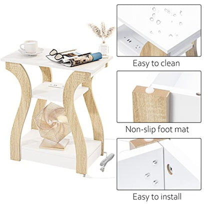 FROMJBEST End Tables Living Room, End Table with Charging Station,White&Oak | Side Table Living Room, with USB Ports and Outlets, Nightstand for Bedroom, 3-Tier Storage Shelf, Bedside Table - color: White+oak