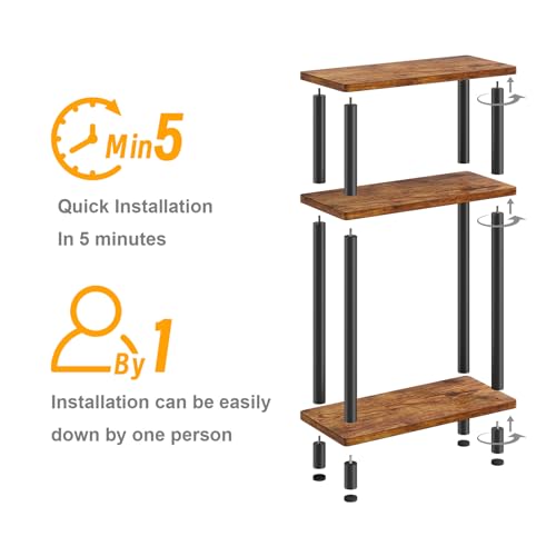 Apicizon Small Narrow Side Table, 3-Tier Skinny End Table for Small Spaces, Slim Nightstand with Storage Shelf, Bedside Table for Living Room, Bedroom, Rustic Brown and Black - color: Rustic Brown and Black, style: Narrow Side Table