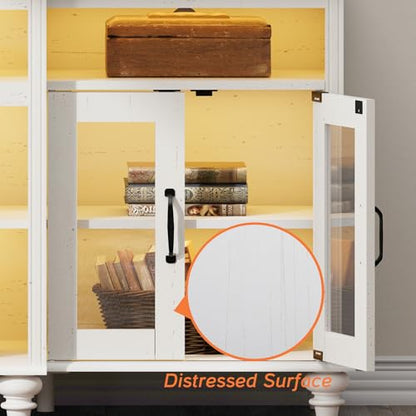 WAMAPT Buffet Cabinet with 4 Glass Doors, Large Coffee Bar Tables Wood Kitchen Storage Cabinets with 9 Storages, Modern Farmhouse Sideboard Credenza, Antique White, 70 inch - color: White