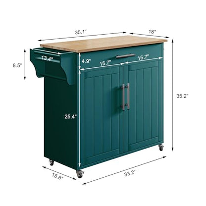 Kitchen Island with Storage, Wooden Countertop Rolling Kitchen Island On Wheels Storage Cabinet, Mobile Kitchen Island Cart with Towel Rack, Spice Rack and Drawers,Green - color: Green