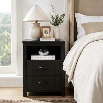 Farmhouse Night Stand, Rustic Black Nightstand for Bedroom, End Tables with Charging Station, Bedside Table with Drawers, Wood Bedside Cabinet Dresser - color: Black, size: 1pcs with Charging