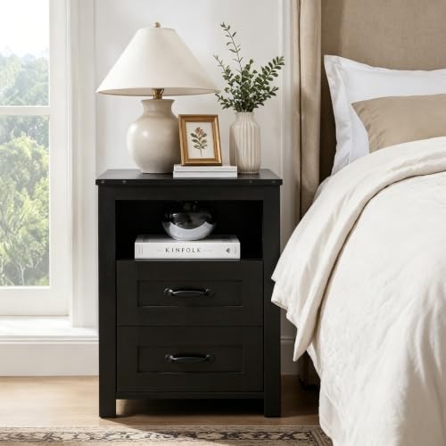 Farmhouse Night Stand, Rustic Black Nightstand for Bedroom, End Tables with Charging Station, Bedside Table with Drawers, Wood Bedside Cabinet Dresser - color: Black, size: 1pcs with Charging