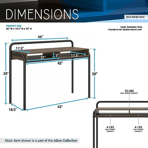 Techni Mobili Modern Office Desk with Storage - 46 Inch Classic Writing Table with 2 Open Shelves for Easy Access - Industrial Walnut Desk with Scratch Resistant Steel Frame Allure Collection | 46 Inch modern writing desk with 2 open shelves, scratch‑resi
