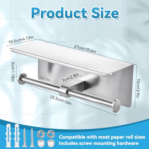 Double Bathroom Toilet Paper Roll Holder with Shelf Wall Mount Tissue Roll Holder Stainless Steel Wall Mounted RV Tissue Rolls Holders Toilet Paper Holders with Shelf, Silver