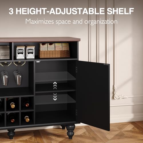 Vabches Modern Sideboard Buffet Cabinet, 46" Mid Century Liquor Whiskey Coffee Bar Station with Wine Rack and Glass Holder, Kitchen Wine Bar Cabinet with Storage Table for Living Dining Room