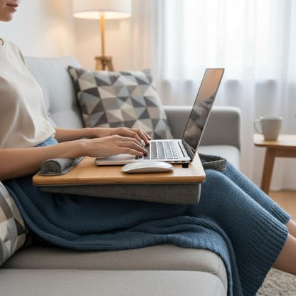 Lap Desk for Laptop with Cushion, Bamboo Laptop Stand with Anti-Slip Strip Tablet Phone Holder, Fits up to 15.6 inch Portable Computer Lap Desk for Couch, Bed & Car - size: 16.5"x13.4" Fixed