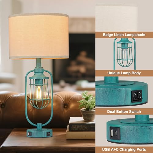 Table Lamps for Living Room End Table Set of 2, Farmhouse Lamps for Night Stands, Industrial Bedside Lamps for Bedroom with USB A+C, Bulbs Included - color: Green