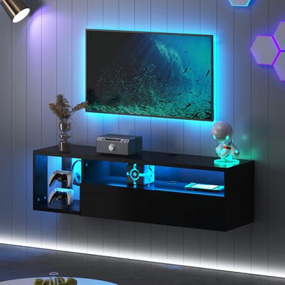 sogesfurniture 39.3'' TV Stand, Floating Entertainment Center with Lights, Modern Media Console with Storage, Wall Mounted LED TV Stand for Living Room, Black - size: 39.3"-Black