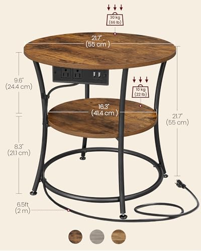 VASAGLE 21.7-Inch Round Side Table, 2-Tier End Table with Power Outlets, Nightstand with Steel Frame, Spacious Top, for Small Spaces, Living Room, Bedroom, Rustic Brown and Ink Black ULET077K01 - color: Rustic Brown + Ink Black, style: With Power Strip
