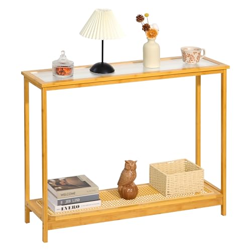 Bamboo Narrow Console Table, 39.4"(L) Wood Small Entryway Table with Rattan and Glass, Accent Slim Hallway Tables, Thin Sofa Side Tables for Hallway, Living Room, Foyer, Burlywood - color: Burlywood 39.4"(l)