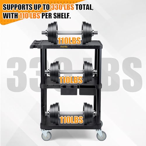 ELAFROS Heavy Duty Utility Cart, 27.5 x 18.25 Inch, 3-Tier Rolling Cart, Industrial Plastic, 330 lbs Capacity, Flat Top Shelves with Swivel Wheels - Multipurpose Work Cart - style: Standard