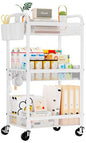 YASONIC 3 Tier Rolling Cart – Metal Utility Storage Carts with Wheels, Craft Carts Organizer with Hanging Cups, Hooks, Mesh Basket for Bedside Kitchen Office Art, White - color: White
