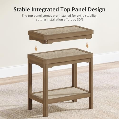 Eclatara Rattan Side Table End Table Set of 2 with Round Edge Design | 2 Tier Rattan Night Stand, Farmhouse Boho Bedside Tables with Ultra-Thick Legs for Bedroom Living Room(Caramel Oak,2 Pieces) - color: Caramel Oak, Round Edges