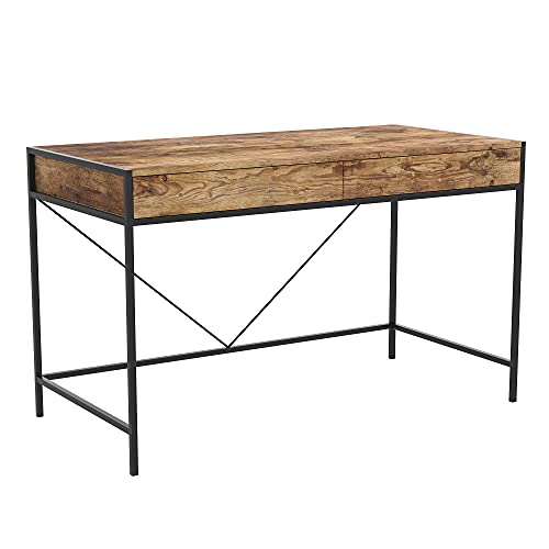 Safdie & Co. Computer Desk 49inch for Home Office and Small Spaces with 2 Drawers Brown Reclaimed Wood with Black Metal. Ideal for Writing, Gaming, Study, Work from Home.