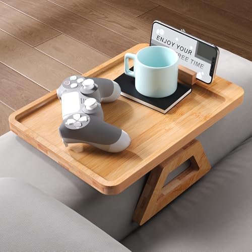 Couch Arm Tray with 360°Phone,Bamboo Folding Sofa Tray,Sofa Armrest Trays Clip-On Couch Desk for Drinks,Snacks,Phone,Remote Control（Natural） - color: Natural, style: 13.0" x 9.4"Phone Holder