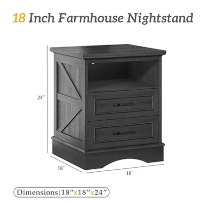 Fluest 24" Tall Farmhouse Nightstands Set of 2, Night Stands with Fast Charging Station, Beside Tables with Drawers and Open Storage, Rustic End Tables for Bedroom, Antique Black - color: Antique Black