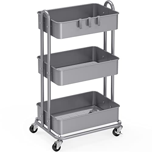 Simple Houseware 3-Tier Heavy Duty Metal Utility Rolling Cart, Silver - color: Silver