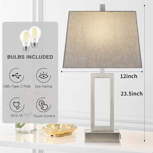 Rinweey 23.5" Touch Control Table Lamps Set of 2, Modern Silver Bedside Lamps with USB A+C Ports & AC Outlet, 3 Way Dimmable Contemporary Nightstand Lamps for Bedroom Living Room(2 LED Bulb Included) - color: Silver