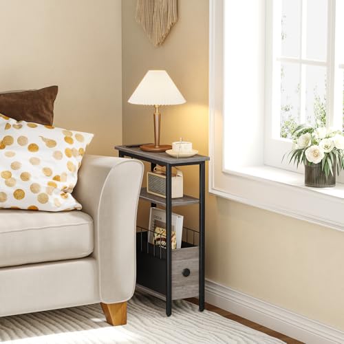 Snughome Narrow Side Table with Charging Station, Slim End Table for Small Spaces, 3 Tier Skinny Nightstand with Drawer, Sofa Beside Table with Storage Shelf for Living Room Bedroom Grey - color: Grey