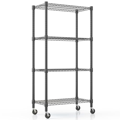 Himimi 72" H Wire Shelving Unit Storage, Metal Storage Shelves with Wheels, Heavy Duty Shelves with 4-Tier Adjustable Layer Rack Strong Steel for Kitchen Pantry Basement, 14" D×30" W×72" H, Black - color: Black, size: 14"D×30"W×72"H, 4-Tier