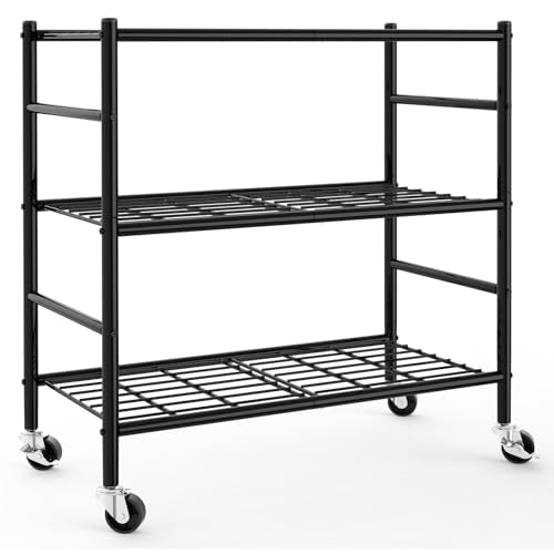 Sakugi 3-Tier Storage Shelves 33.1" x12.6" x32.5" Black with Wheels | Kitchen, Closet, Pantry, Garage, Heavy Duty, Adjustable Feet, Metal Construction - color: Black, size: 33.1W x 12.6D x 32.5H(3T)