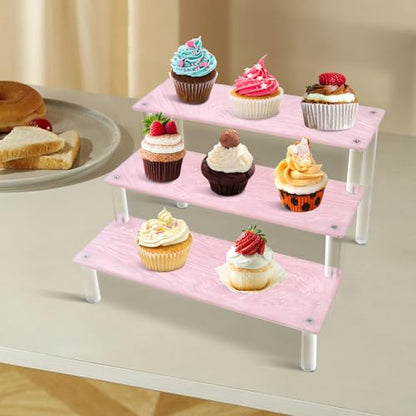 Acrylic Display Stand, 3 Tier Pink Display Risers for Funko POP Figures, 9" Cupcakes Stand, Perfume Organizer, Riser for Display, Dessert Stand, Ornament Display Stand…