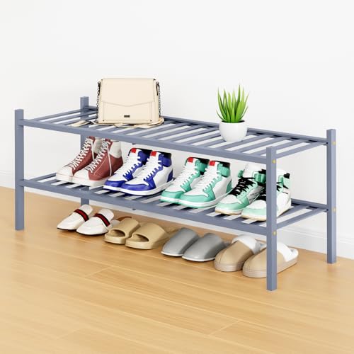 Smiry Bamboo Shoe Rack, 12 Vertical Slats, 2 Tier - 33.7" Wide, Grey | Stackable Free Standing Wooden Shoe Organizer, Wood Shoe Storage Shelf for Closet, Entryway - color: Grey, size: 33.66" Wide - 2 Tier - Regular