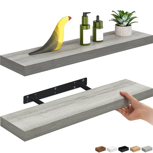 Ballucci Floating Shelves, 24" Wood Wall Shelf Set of 2, with Invisible Brackets for Bathroom, Living Room, Bedroom, Kitchen, Nursery, 6" Deep, Rustic Gray - color: Grey, size: 23.6 in (1.5)