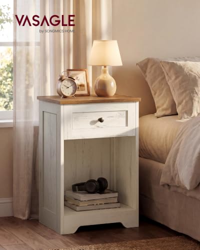 VASAGLE Traditional Basic Nightstand with Charging Station, Wood End Table with 1 Drawer and Open Shelf, 15.7 x 11.8 x 23.2 in, Cloud White and Warm Brown, for Bedroom, Siren Collection ULET828WJ01S - color: Cloud White + Warm Brown, size: 2 pack