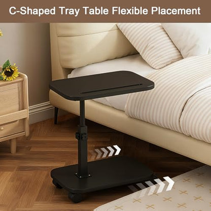 Adjustable Height TV Tray Table with Wheels, C Shaped End Side Table & Phone Tablet Slot, Swivel Snack Stand for Couch, Sofa, Bed,Living Room, Laptop Use in Small Spaces (Black) - color: Black