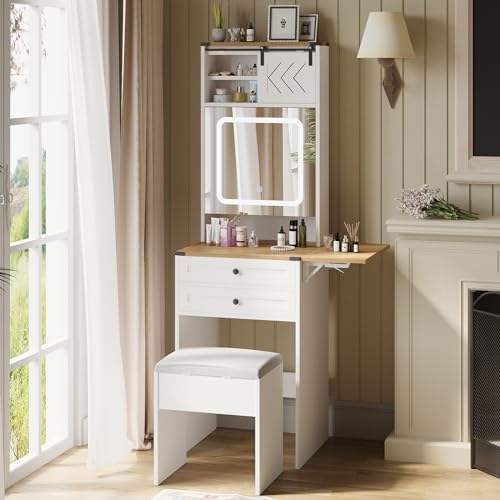 ARTETHYS Farmhouse Small Vanity Desk with Mirror Cabinet & Storage Chair | Mini Makeup Vanities Set with Fold-up Panel, White Dressing Table with 3 Adjustable Lights for Compact Space - color: White and Brown