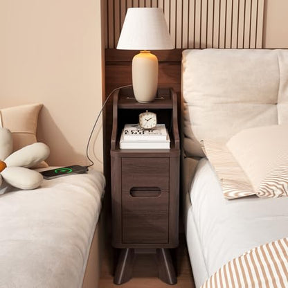 7.87"Narrow Side Table, Wood Small 2 Drawer Nightstand with Charger Station | Thin Couch Side End Table, Brown Skinny Bedside Table Small Spaces, Mid Century Modern Night Stand with Drawers - color: Brown, size: Narrow (2 drawer)