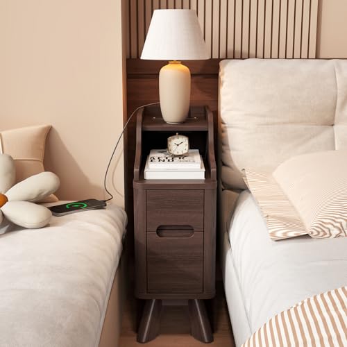 7.87"Narrow Side Table, Wood Small 2 Drawer Nightstand with Charger Station | Thin Couch Side End Table, Brown Skinny Bedside Table Small Spaces, Mid Century Modern Night Stand with Drawers - color: Brown, size: Narrow (2 drawer)