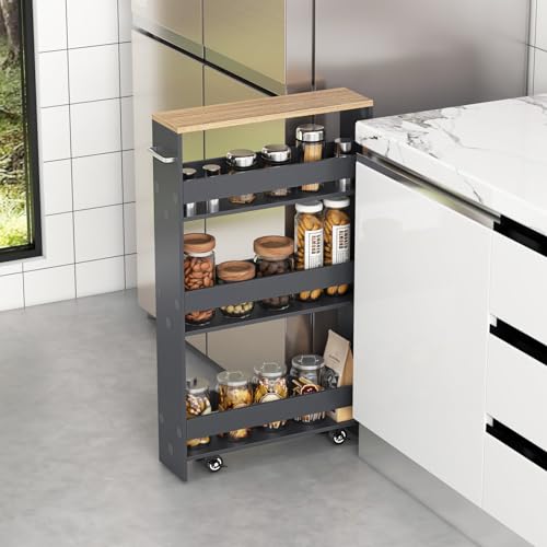 4-Tier Slim Rolling Storage Cart, Wooden Kitchen Utility Cart with Wheels & Handle, Space Saving Trolley, Slide Out Shelving Unit for Narrow Spaces, Laundry, Bathroom (Grey + Natural) - color: Grey + Natural