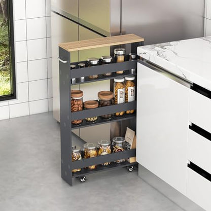 4-Tier Slim Rolling Storage Cart, Wooden Kitchen Utility Cart with Wheels & Handle, Space Saving Trolley, Slide Out Shelving Unit for Narrow Spaces, Laundry, Bathroom (Grey + Natural) - color: Grey + Natural