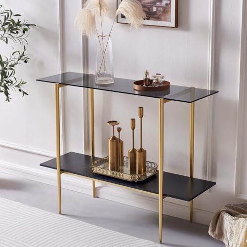 LumFurn Glass Console Table for Living Room, Foyer & Entrance, 2-Tiers Mid-Century Modern Sofa Table with Grey Glass Top, Black Marble Finish Wood Shelf and Gold Finish Frame - color: Grey & Black Marble, size: L41" Sofa Table