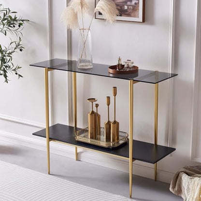 LumFurn Glass Console Table for Living Room, Foyer & Entrance, 2-Tiers Mid-Century Modern Sofa Table with Grey Glass Top, Black Marble Finish Wood Shelf and Gold Finish Frame - color: Grey & Black Marble, size: L41" Sofa Table