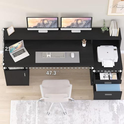 YOMILUVE Computer Desk with 3 Drawer & Storage Shelves, Home Office Desk with File Drawer & Cabinet, Writing Study Table with Long Monitor Stand & Printer Shelf, Executive Desk, Black - color: Black