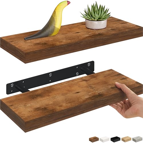 Ballucci Floating Shelves, 16" Wood Wall Shelf Set of 2, with Invisible Brackets for Bathroom, Living Room, Bedroom, Kitchen, Nursery, 6" Deep, Rustic Brown - color: Rustic Brown, size: 15.8 in (1.5)