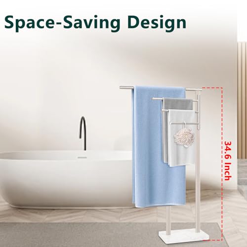 Standing Towel Rack, 304 Stainless Steel Towel Holder Stand with Weighted Marble Base, Floor Bath Towel Racks for Bathroom, Pool, Outdoor with 3 Swivel Towel Arms, Brushed Nickel
