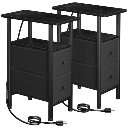 LOAKEKEL Narrow Nightstand with Charging Station, End Tables Living Room Set of 2, Skinny Side Table with Fabric Drawers, Slim Sofa Table for Bedroom, Small Spaces, Couch, Black, HETNDP02BK - color: Black, style: Power