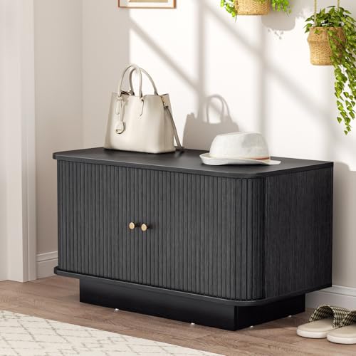 AKMAKM Fluted Shoe Storage Bench, 31" W Small Entryway Bench with Sliding Door, Mud Room Benches with Seat, Upholstered Wooden Rack Organization for Living Room, Apartment, Dorm, Black - color: Black, size: 31 W